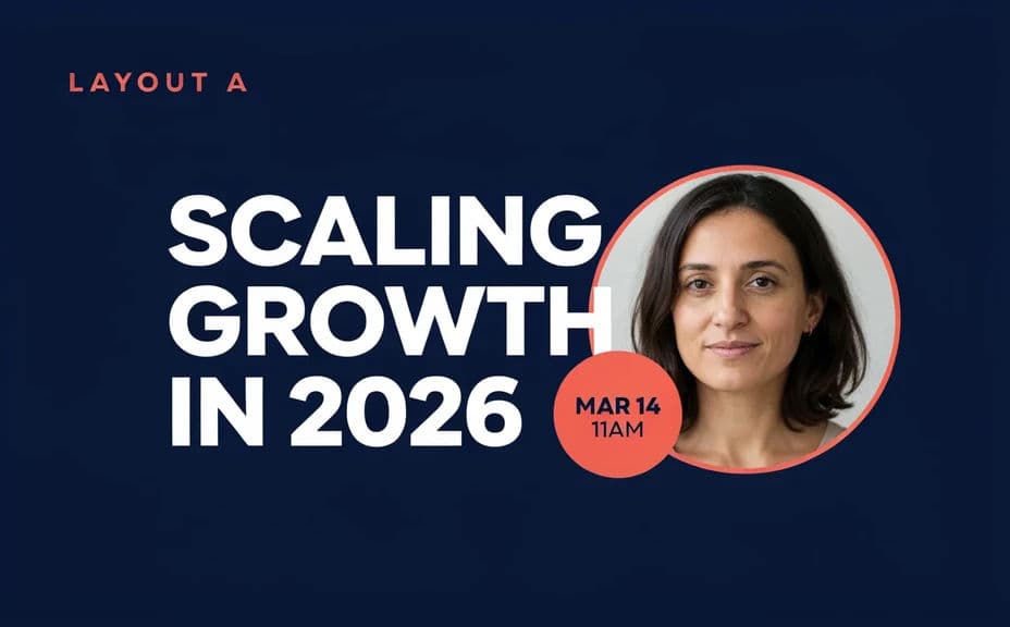 Webinar promo layout with the title stacked above a date badge and headshot