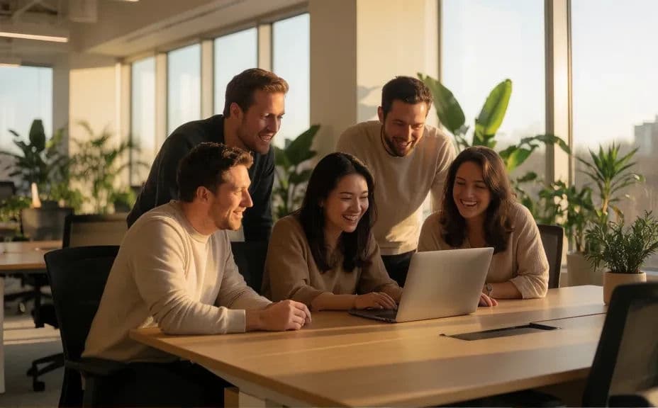 Team collaborating around a screen in a bright office