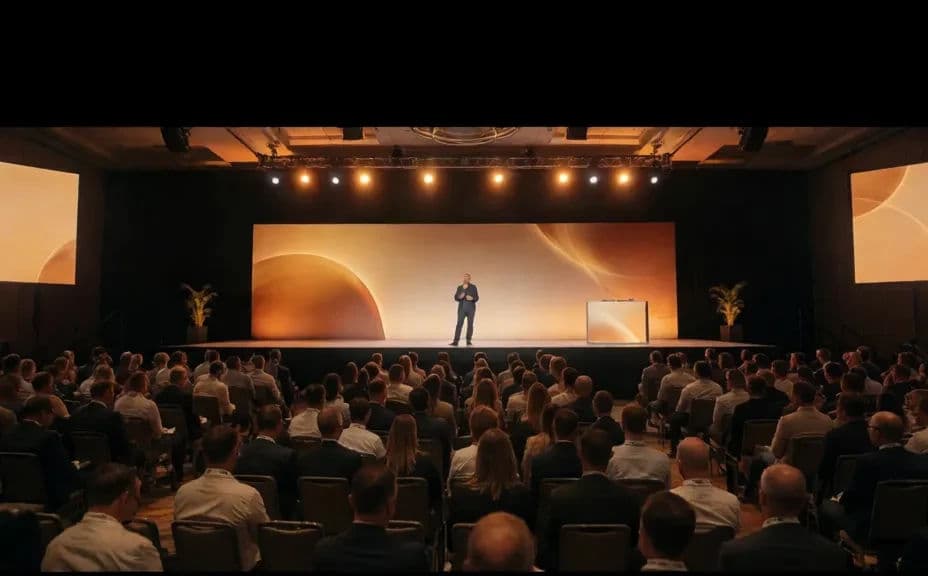 Speaker on stage during a keynote at a corporate event