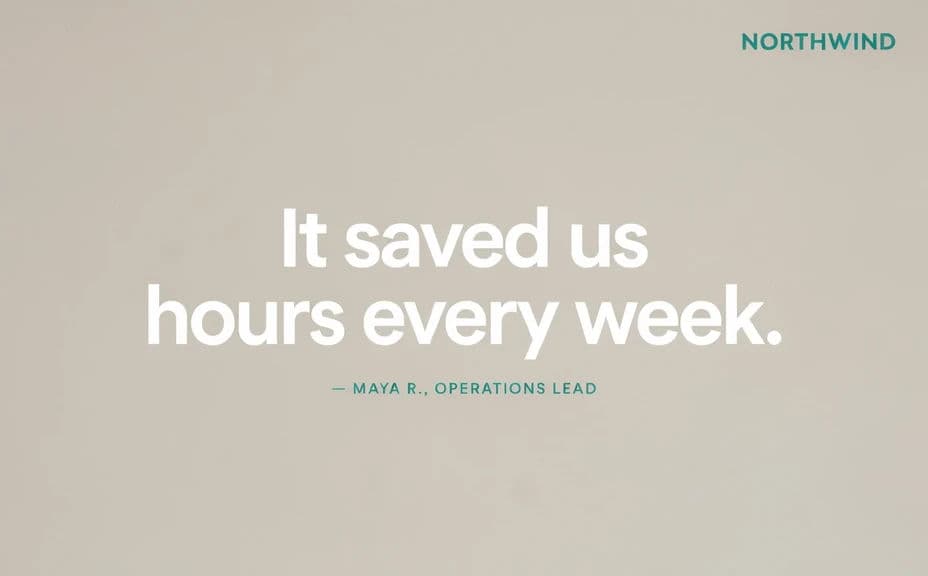 Video frame with the customer's key line shown as a large pull-quote overlay