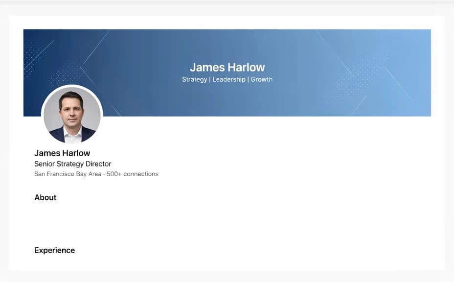 The same LinkedIn profile with a branded banner showing a name and tagline