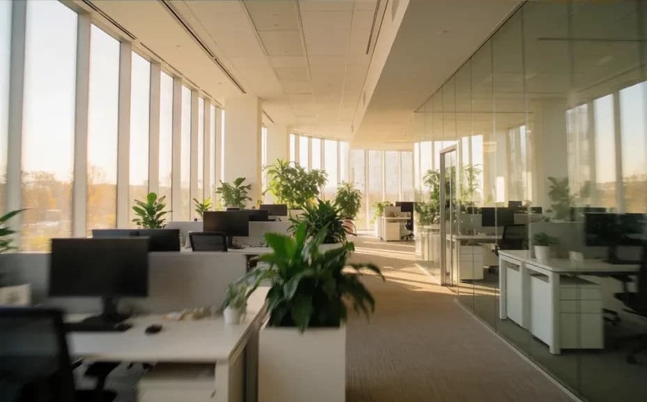 Workplace walkthrough frame from the same onboarding video showing the same office in the same style