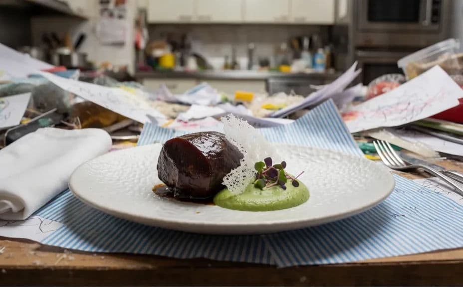 Plated dish on a messy, cluttered background before the change