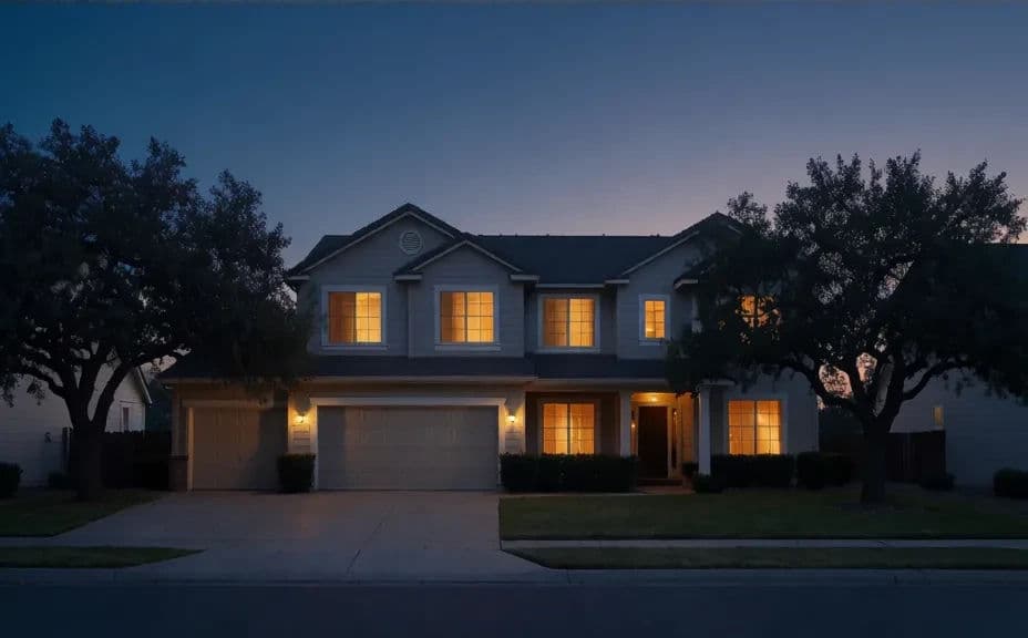 The same house at dusk with a blue sky and warm glowing windows