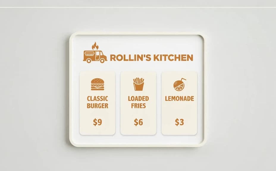 Food truck menu board design B with items and prices