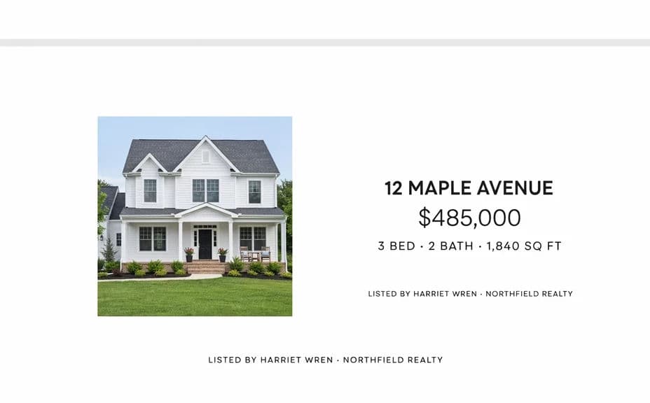 Listing flyer layout B with the same property photo, address, and price