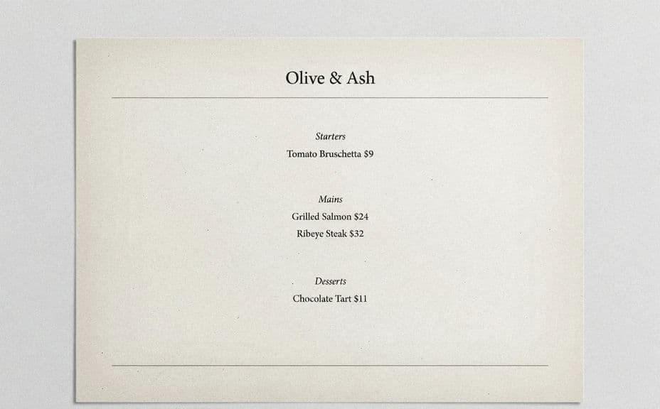 First restaurant menu layout with dish names and prices