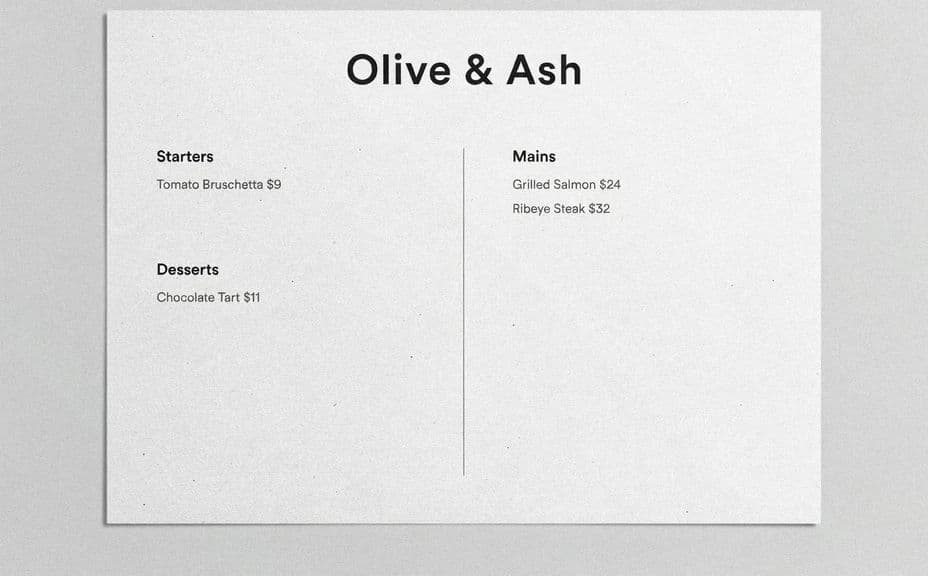 Second restaurant menu layout with the same dish names and prices