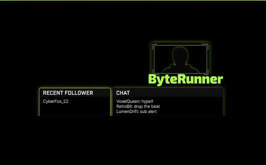 Alternate Twitch overlay with the webcam frame bottom-right and labels along the base