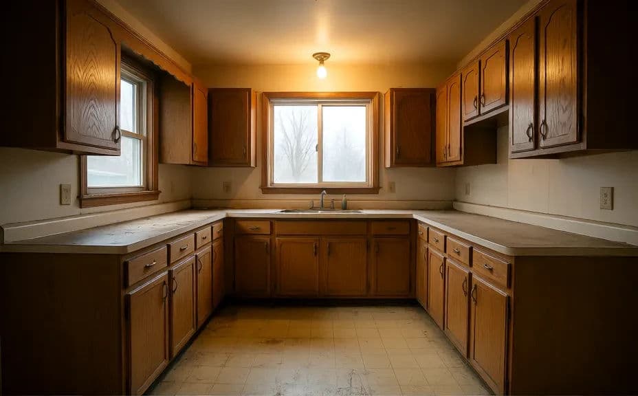 Dated kitchen with older cabinets and countertops before renovation