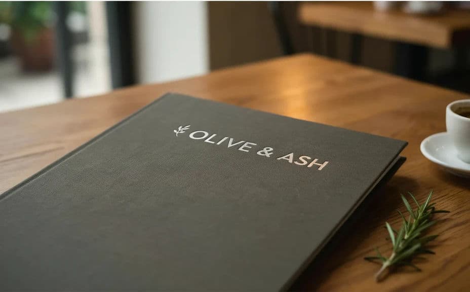 The same restaurant logo shown on a menu cover mockup