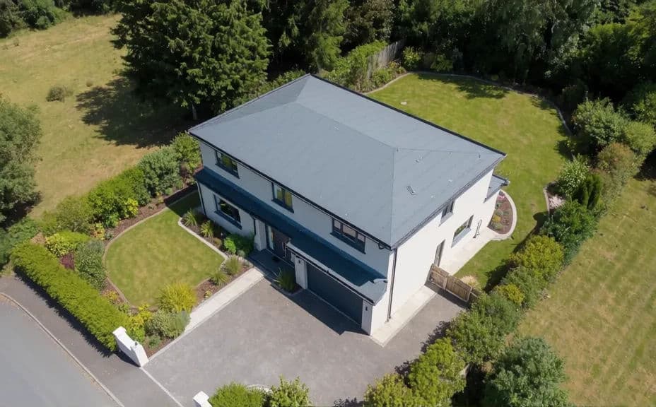 Aerial front approach view of the property