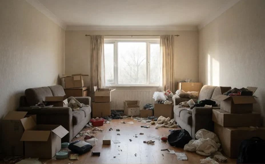 Room with scattered items and clutter on the floor and surfaces