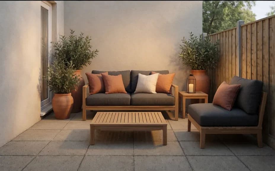 The same patio staged with outdoor furniture and greenery