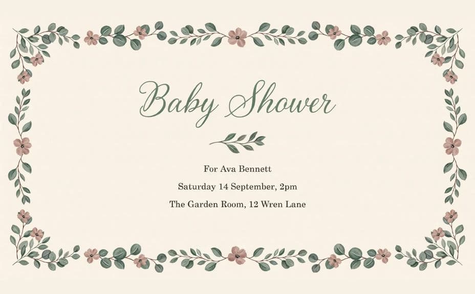 Baby shower invitation with a botanical border and centred headline