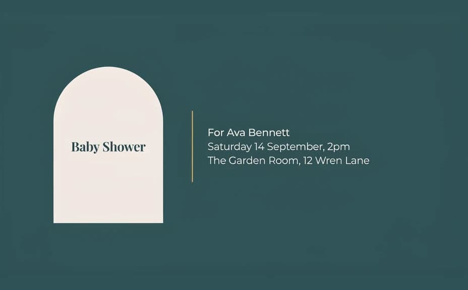 Alternate baby shower invitation with a bold arch panel and side-aligned details