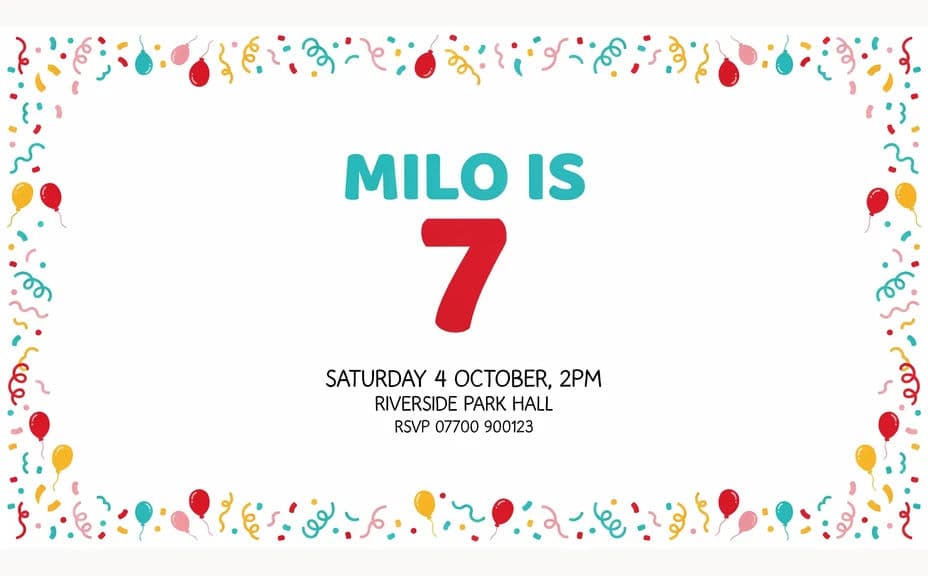 Birthday party invitation design with the name, age, date, and venue