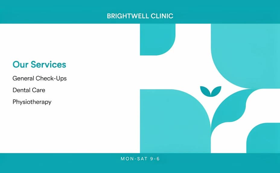 Clinic brochure layout with the clinic name above a services list