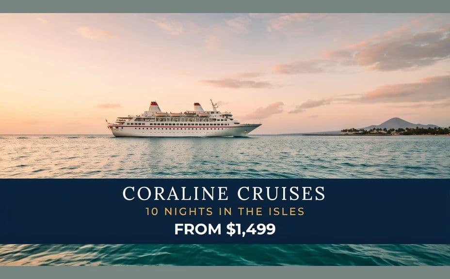 Cruise promotion image with a wide shot of a ship at sea and the offer headline across the sky