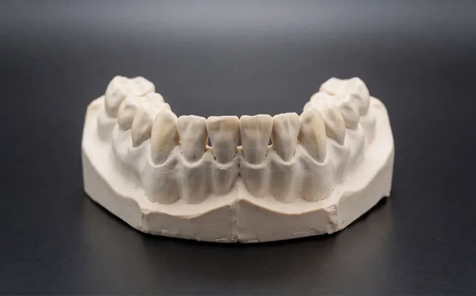 Illustrative dental study model with uneven, dull teeth, shot straight on
