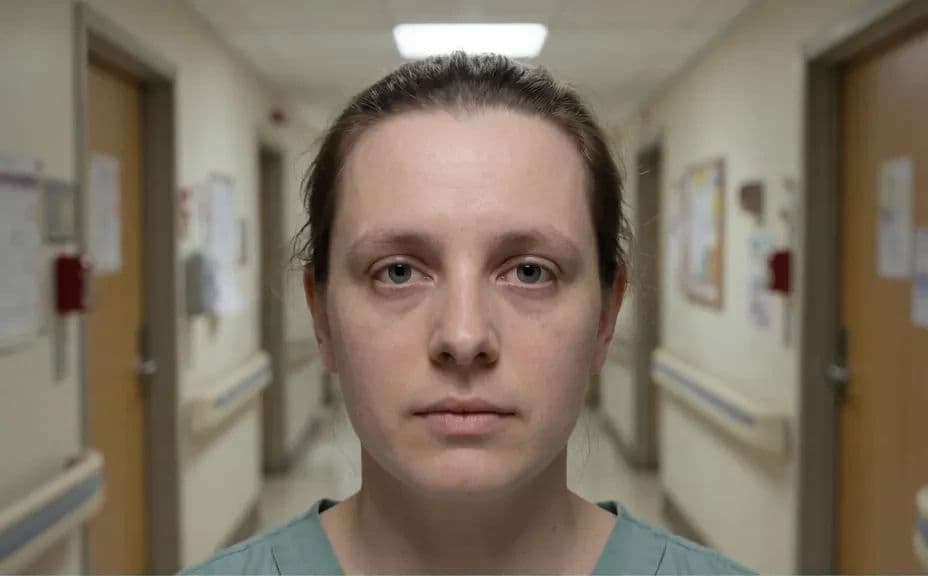 Clinician headshot with harsh lighting and a cluttered background before editing