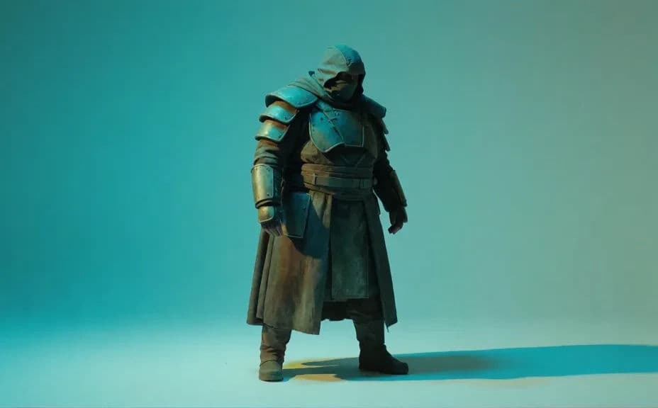 Character concept direction with heavy plated armour and a broad silhouette