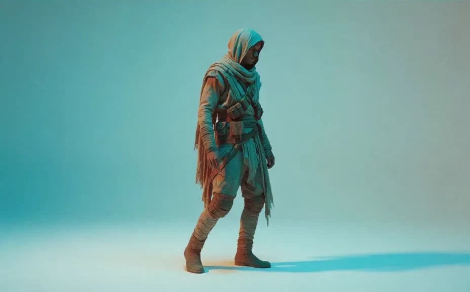 Alternate character concept direction with light layered gear and a lean silhouette