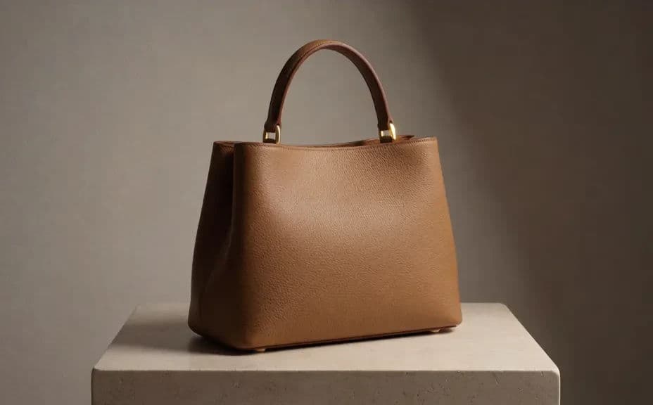 Handbag shot at a three-quarter angle on a stone plinth with directional light