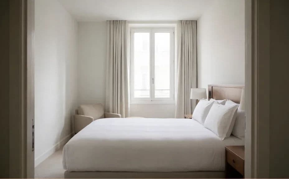 Hotel room listing photo in soft daylight from a wide corner angle