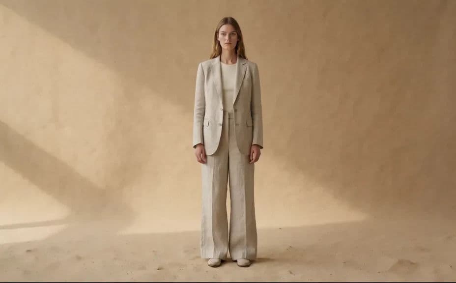 Lookbook page showing a styled outfit against a warm studio backdrop