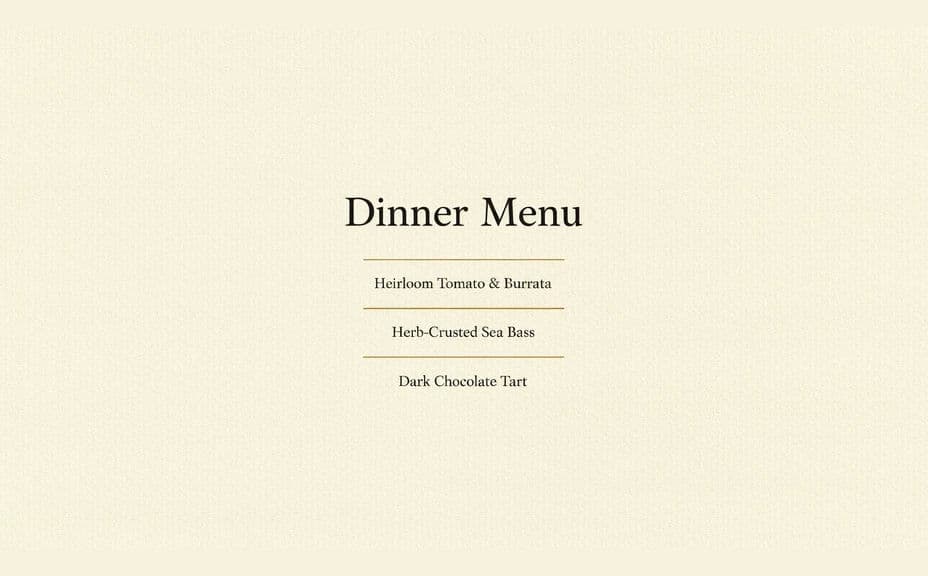 Event menu card with centred courses and a fine rule between each