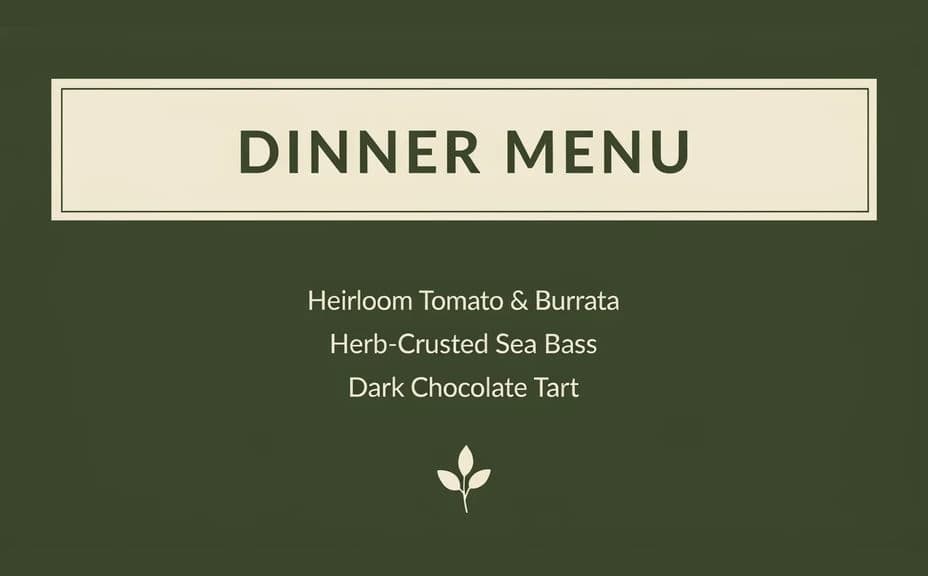 Alternate event menu card with a bordered header panel and left-aligned courses