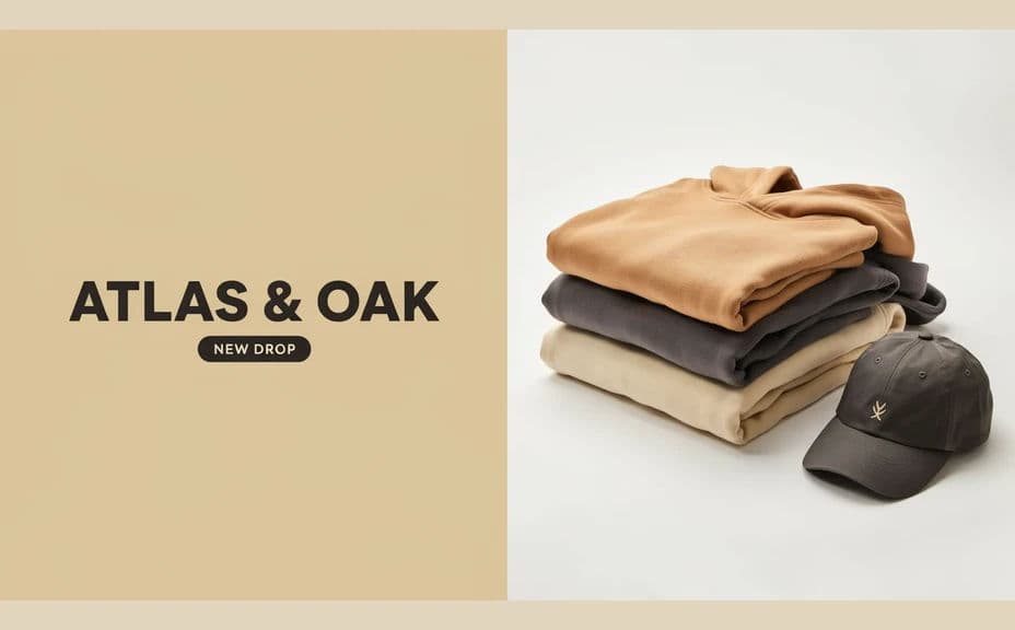 Merch store banner with the store name set left and products on the right