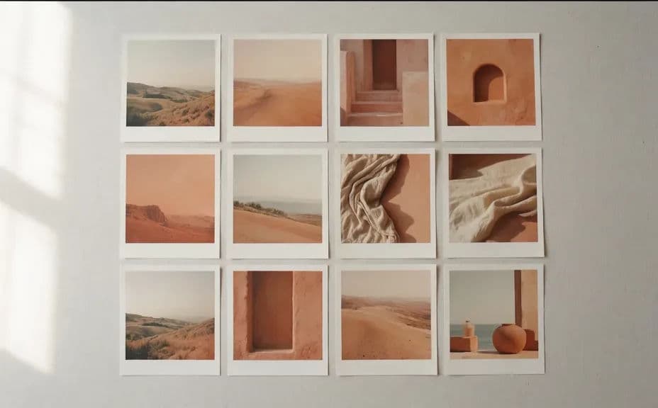 Mood board arrangement using an even grid of equally sized tiles