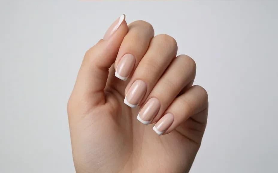 Short squoval nails with a crisp white French tip in a second portfolio shot