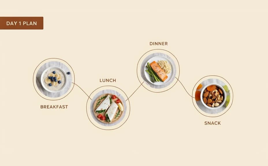 Alternate nutrition plan design with labelled meals stacked in a vertical timeline