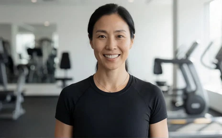 Tight head-and-shoulders profile shot of a personal trainer in a gym