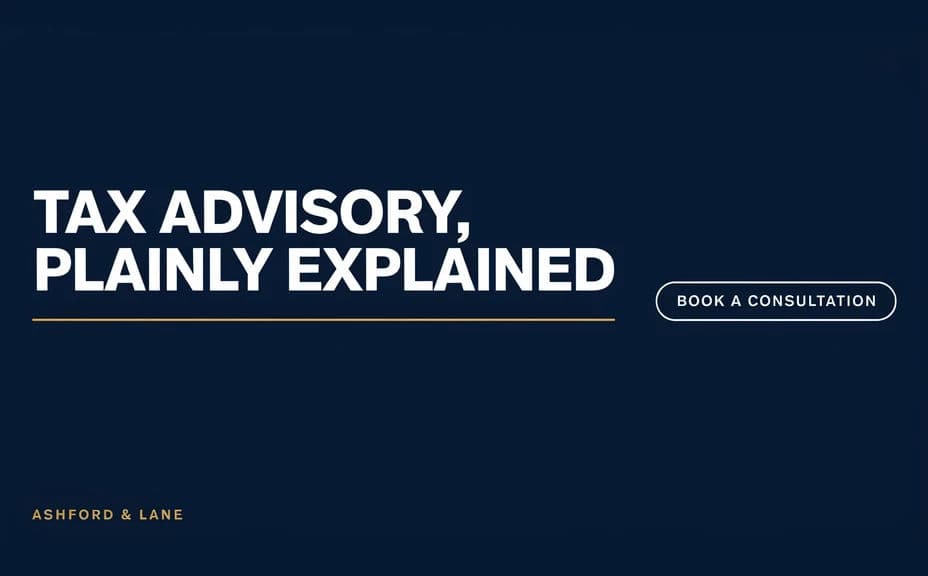 Professional services ad layout with a large headline over a dark panel