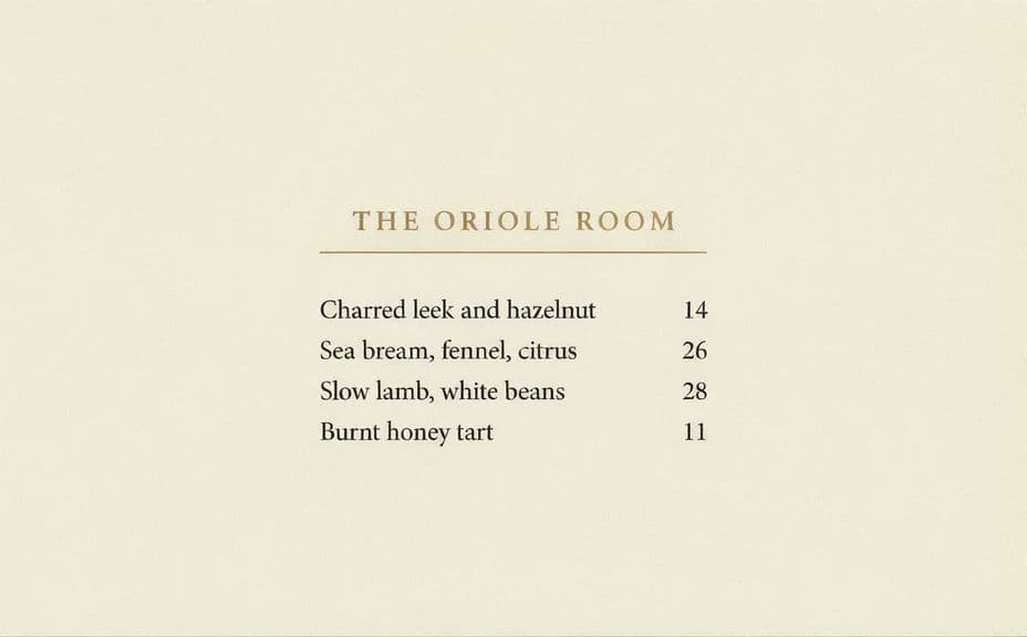 Menu card design with the restaurant name centred above a single column of dishes and prices