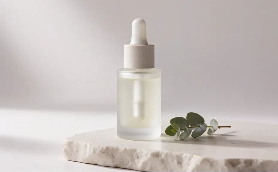 Skincare serum bottle on a pale stone surface in soft diffused light