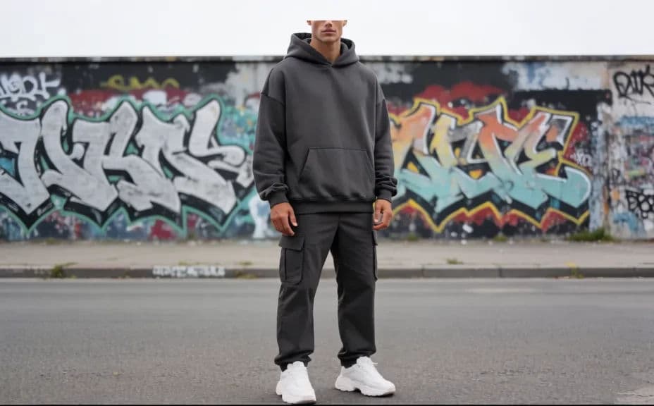 Streetwear look photographed against a graffiti wall in daylight