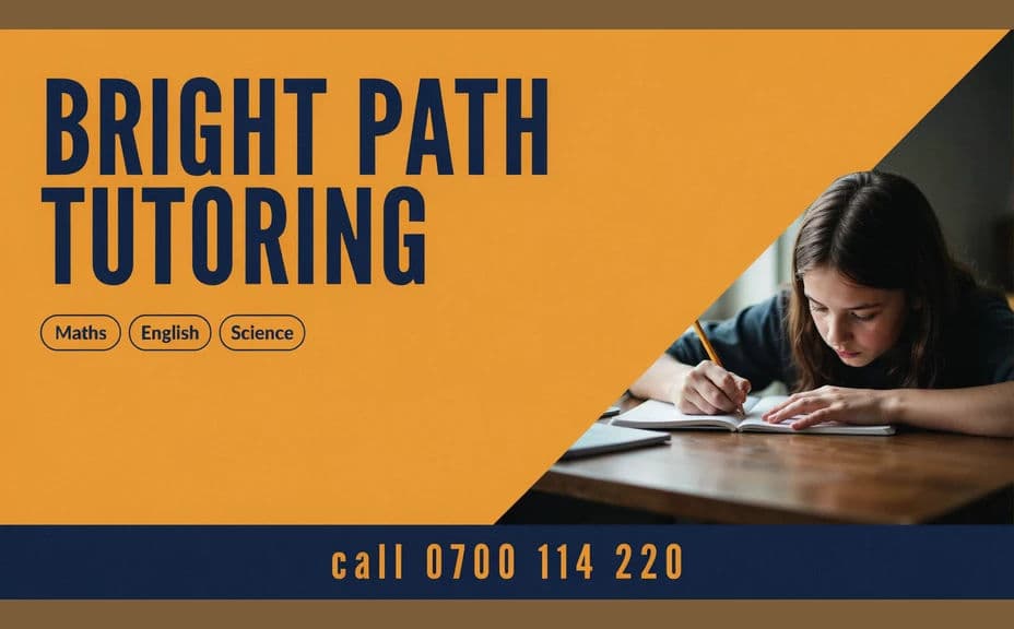 Alternate tutoring flyer design with the subjects as a row of badges and the contact line on a dark strip