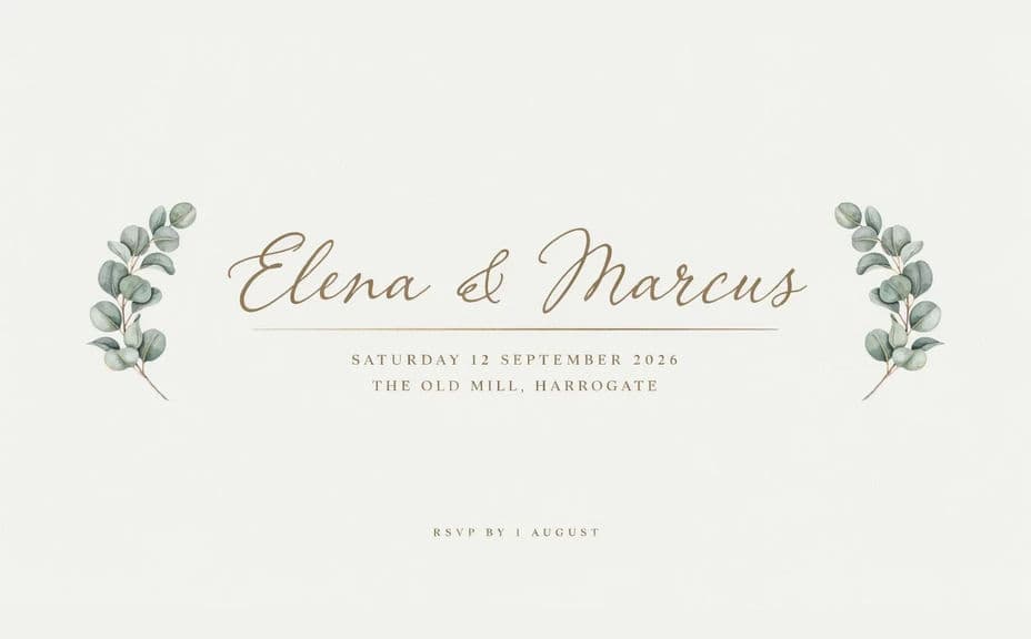 Wedding invitation design with names, date, and venue in a centered layout