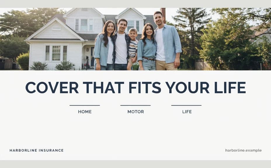 Insurance service flyer layout with a photo band above a service list