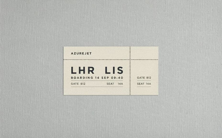 Boarding pass graphic with large route codes across a horizontal panel and a right-hand stub
