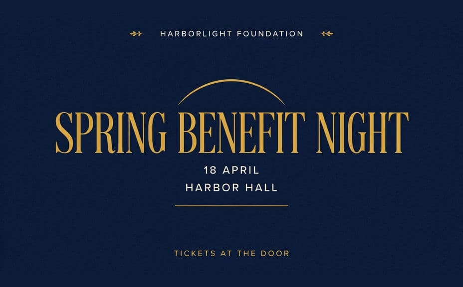 Charity event poster layout with a large title above the date, venue, and ticket line