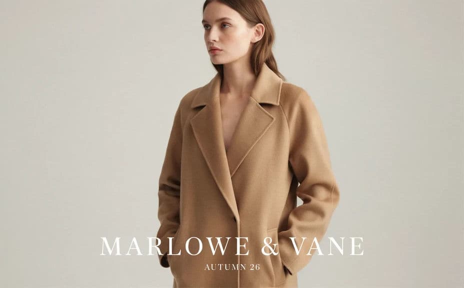 Lookbook cover design with a large brand name over a full-bleed fashion image