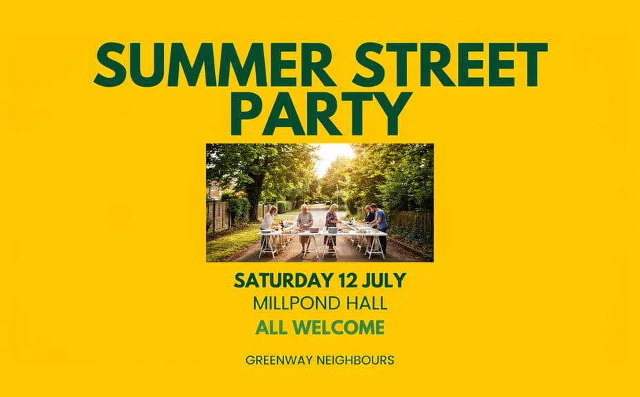 Community event flyer design with a large event name above the date and venue details