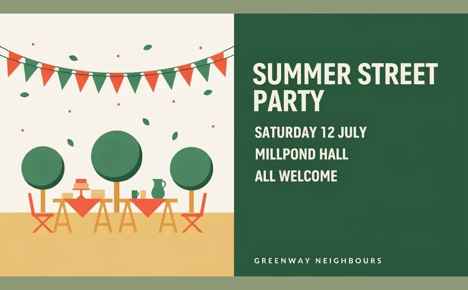 Alternate flyer design for the same event with an illustrated panel and details set in a side column