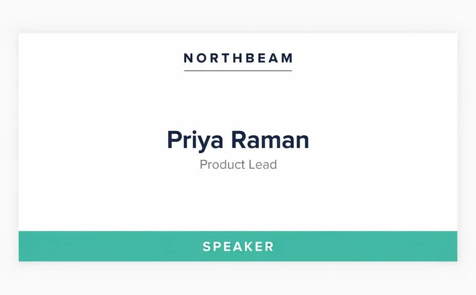 Event badge design with a centred name and a colour role band along the base